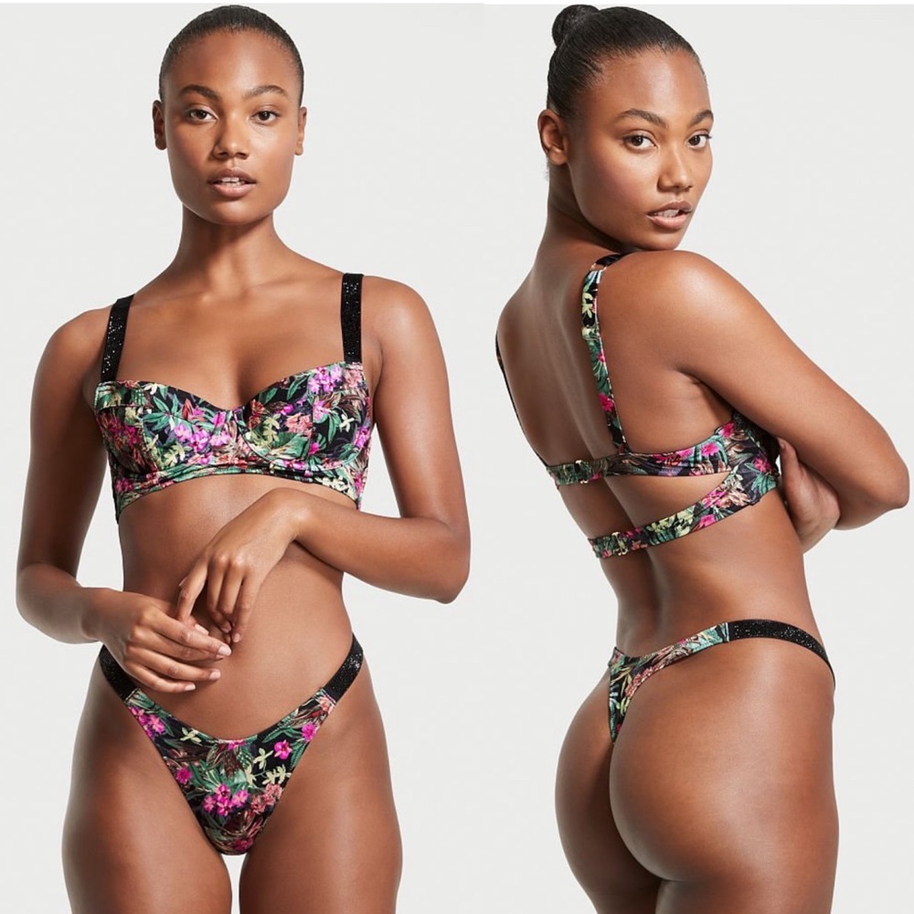 Victoria’s Secret Shine Strap Wicked Push Up Bikini Set 36C Top Small Thong Palm